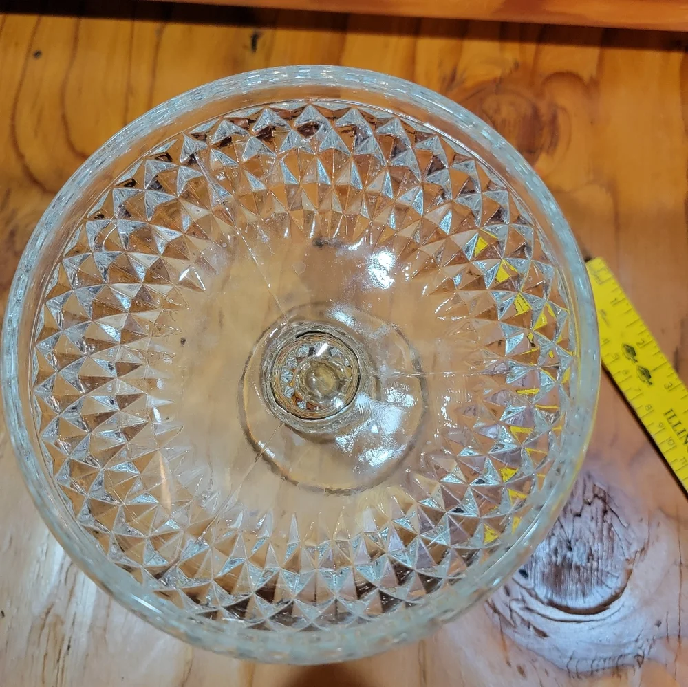 Clear Crystal Pedestal‎ Candy Dish with Diamond Cut Pattern Vintage 1960s